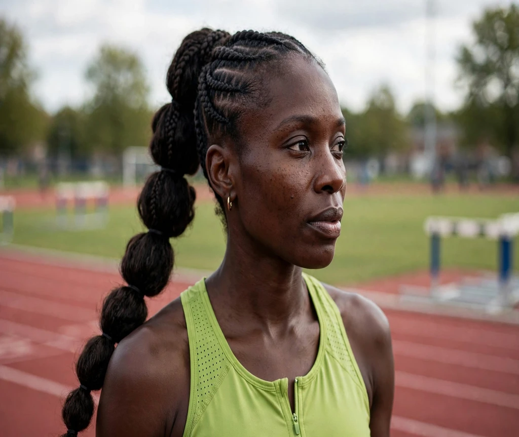 Black woman with a bubble braid ponytail on a running track