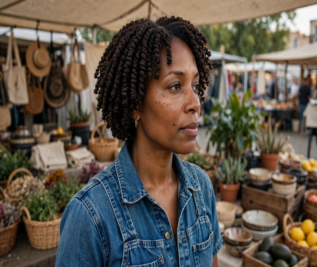 Black woman with a short crochet curly bob at an outdoor flea market