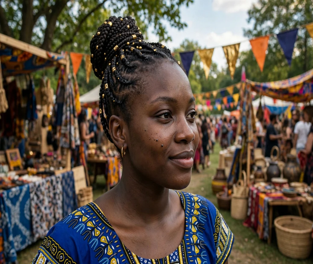 Black woman with a high braided bun with gold beads at a cultural festival
