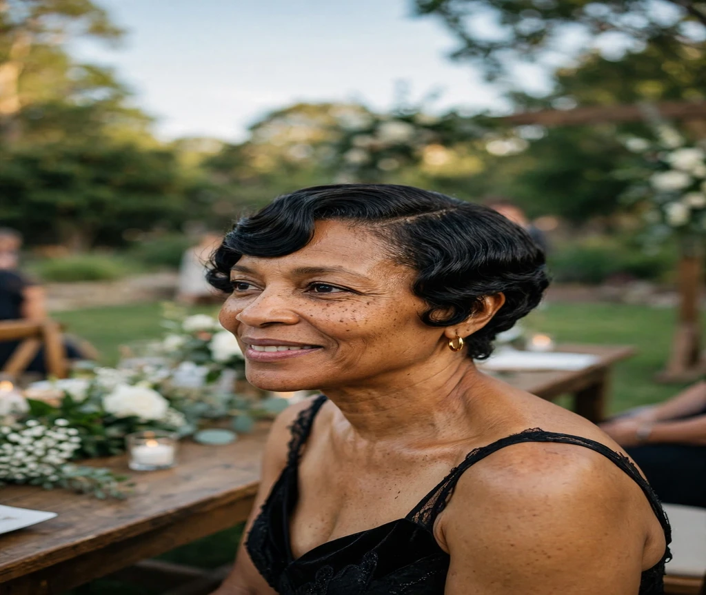 Black woman with side-swept finger curls at an outdoor summer wedding