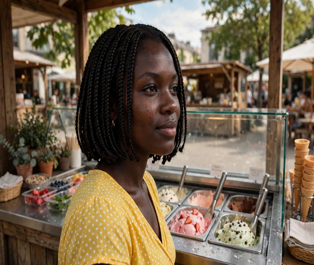 Black woman with a chin-length box-braid bob at an ice cream stand