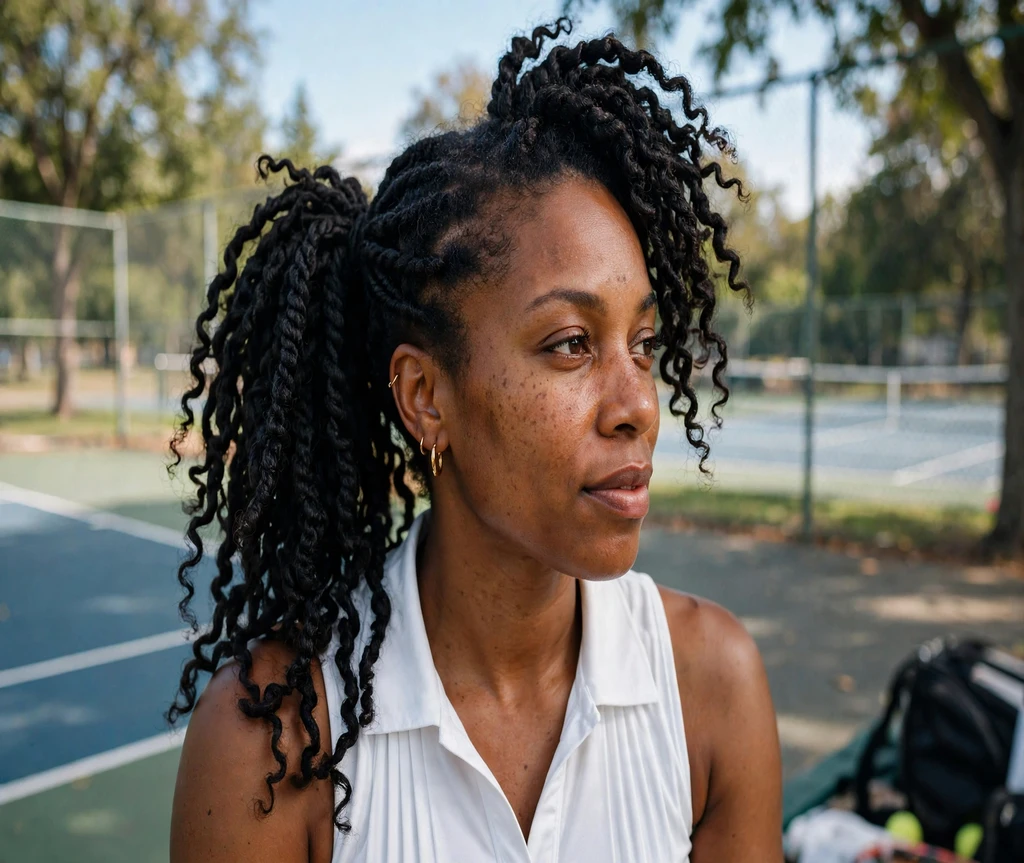Black woman with kinky twists in a high side ponytail on a tennis court
