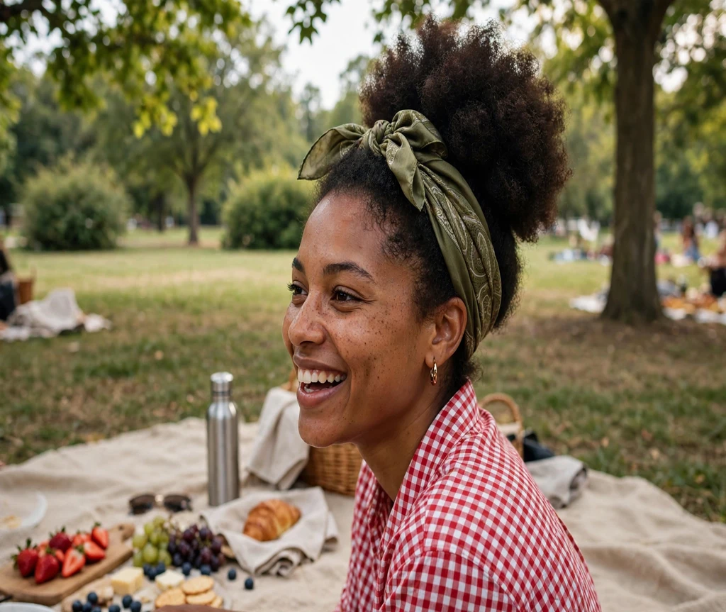 Black woman with an afro puff and silk scarf at a park picnic