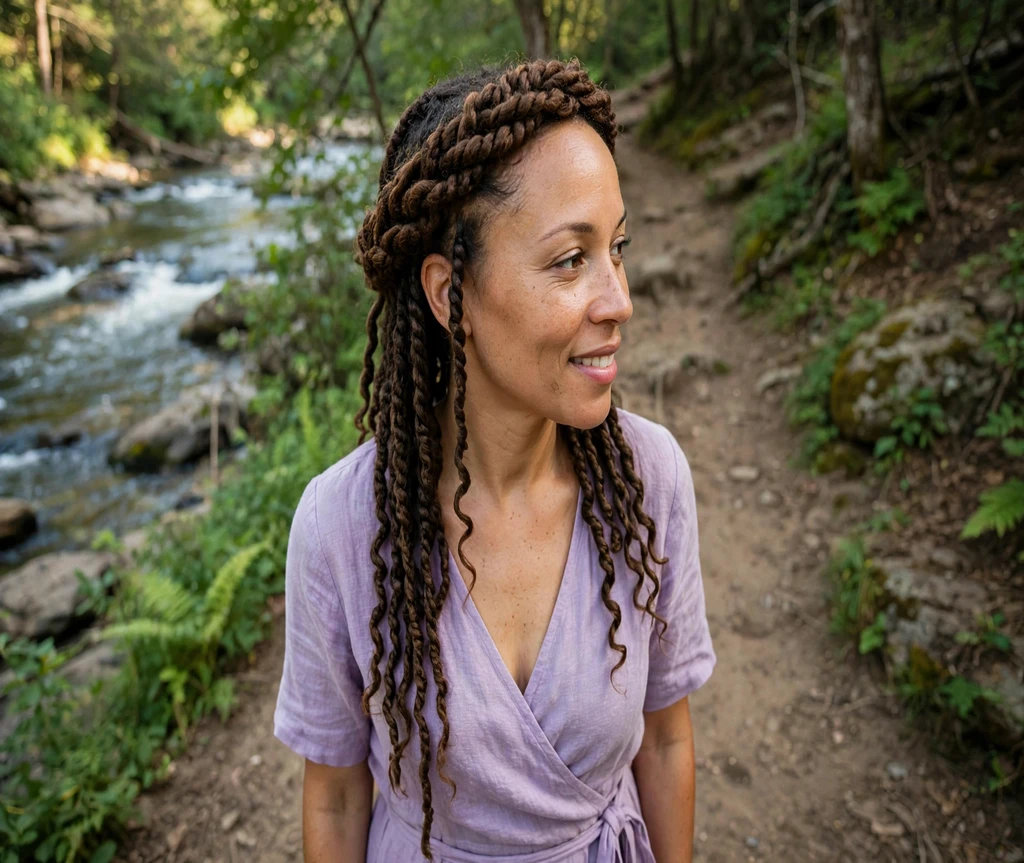 Black woman with a waterfall twist crown on a riverside trail
