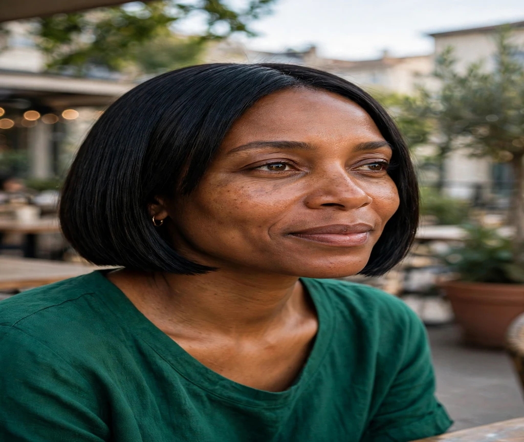 Black woman with a blunt micro bob on a coffee shop terrace