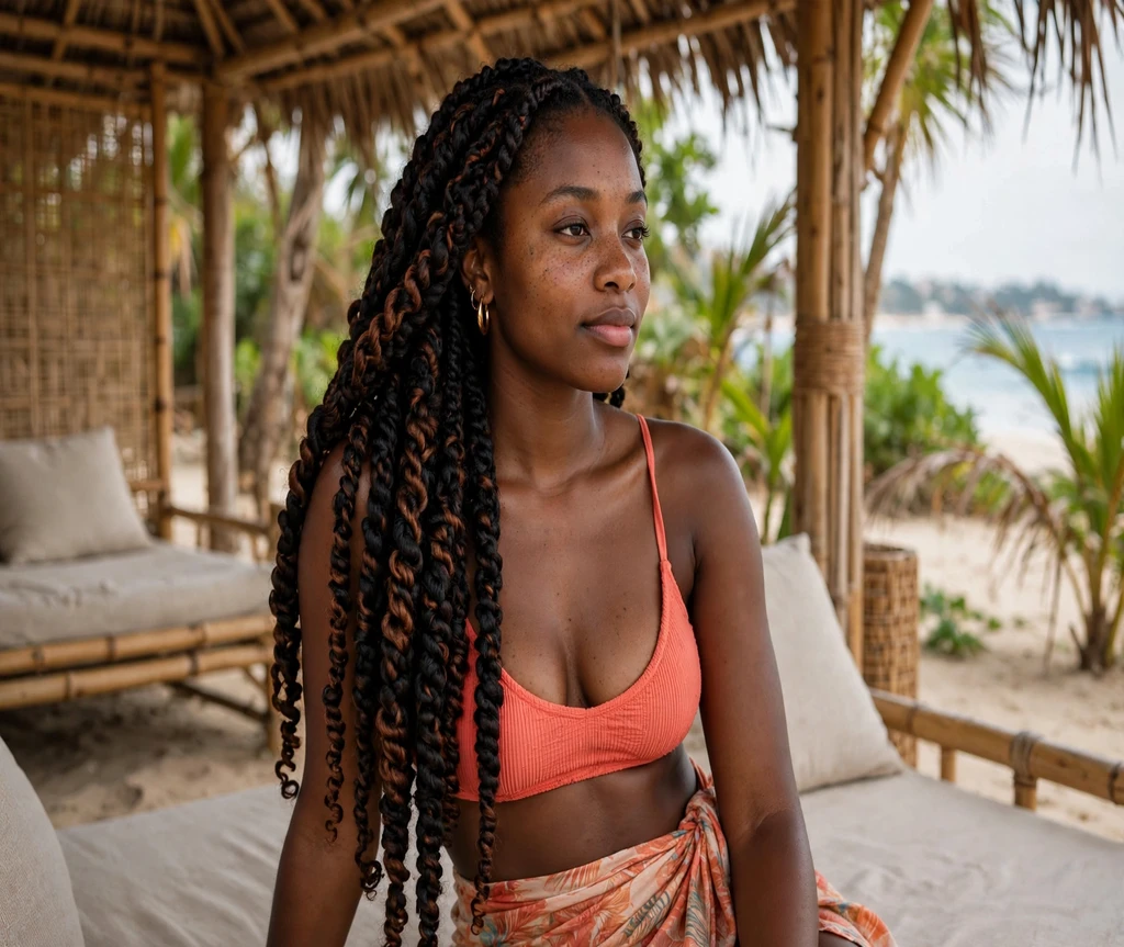 Black woman with jumbo Senegalese twists at a beach cabana