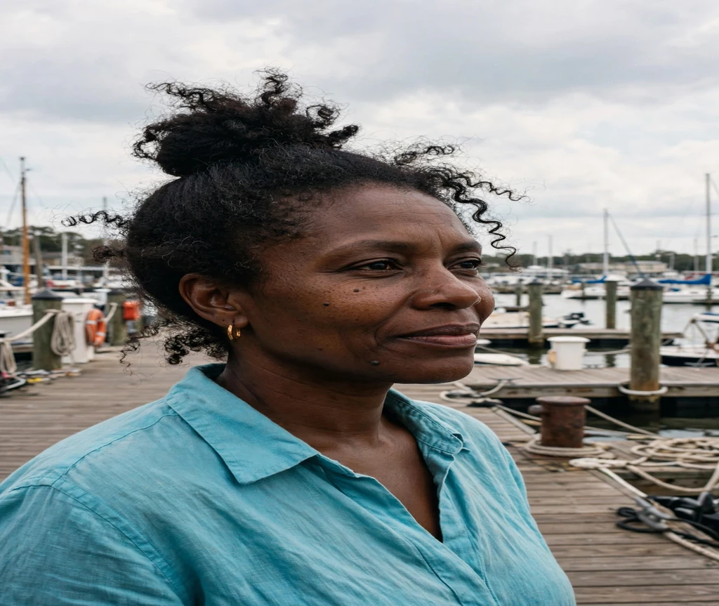 Black woman with natural curls in a high topknot on a marina boardwalk