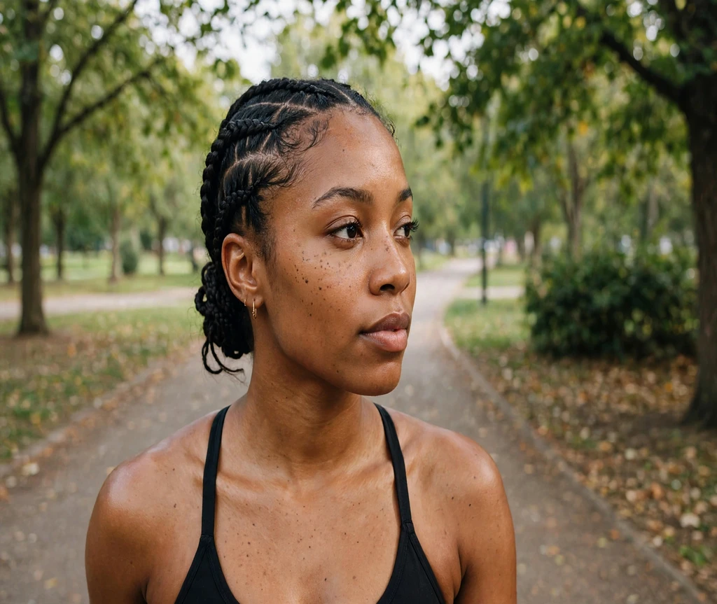Black woman with stitch feed-in braids in a low braided bun on a park running path