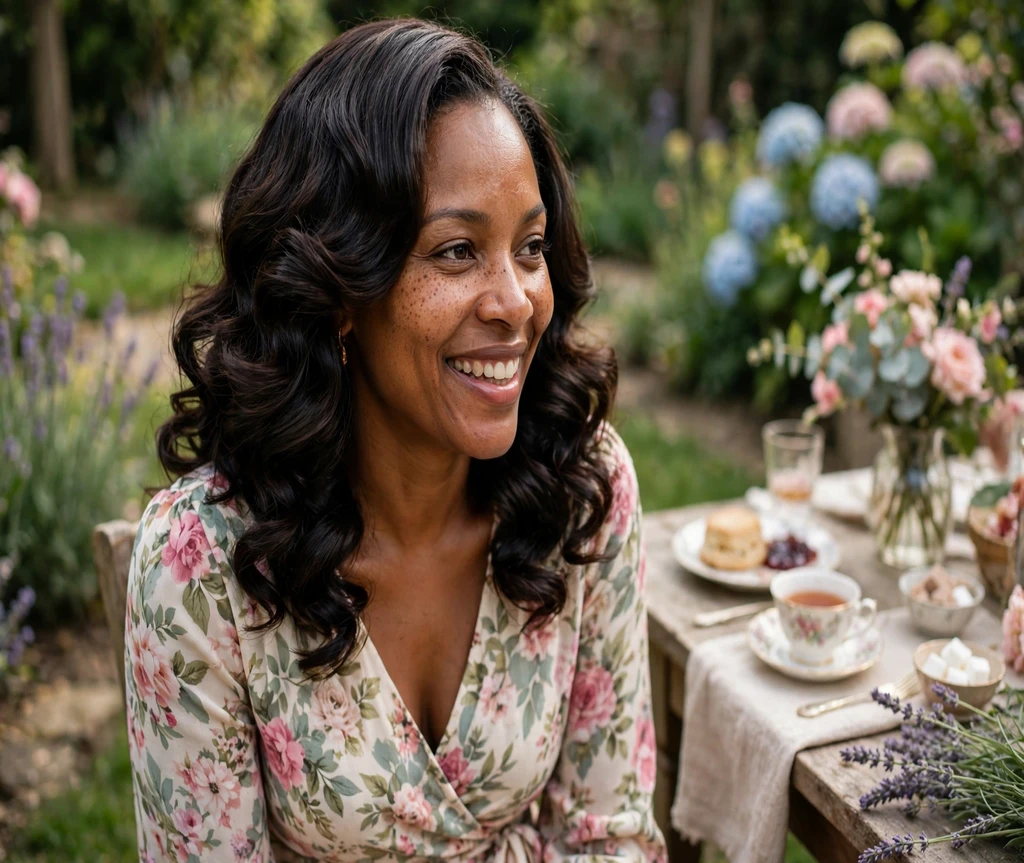 Black woman with bouncy silk-press curls at a garden tea party