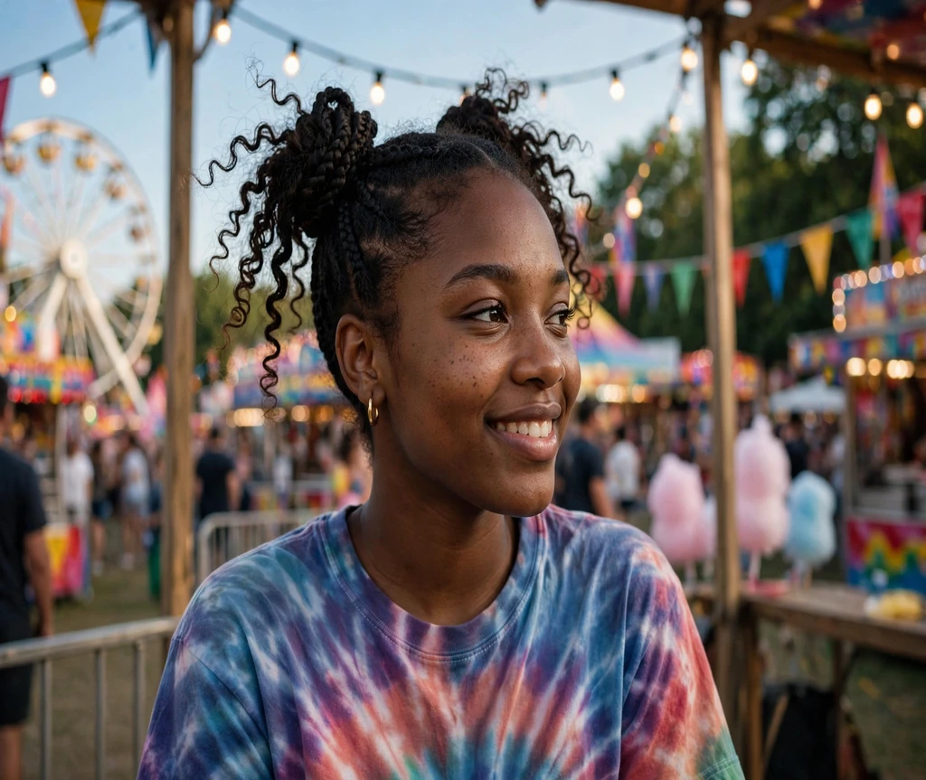 Black woman with two braided space buns at a summer carnival