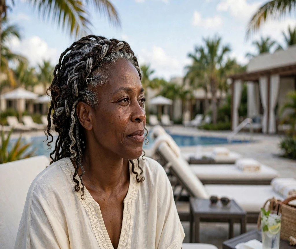 Black woman with a halo braid updo on a resort pool deck