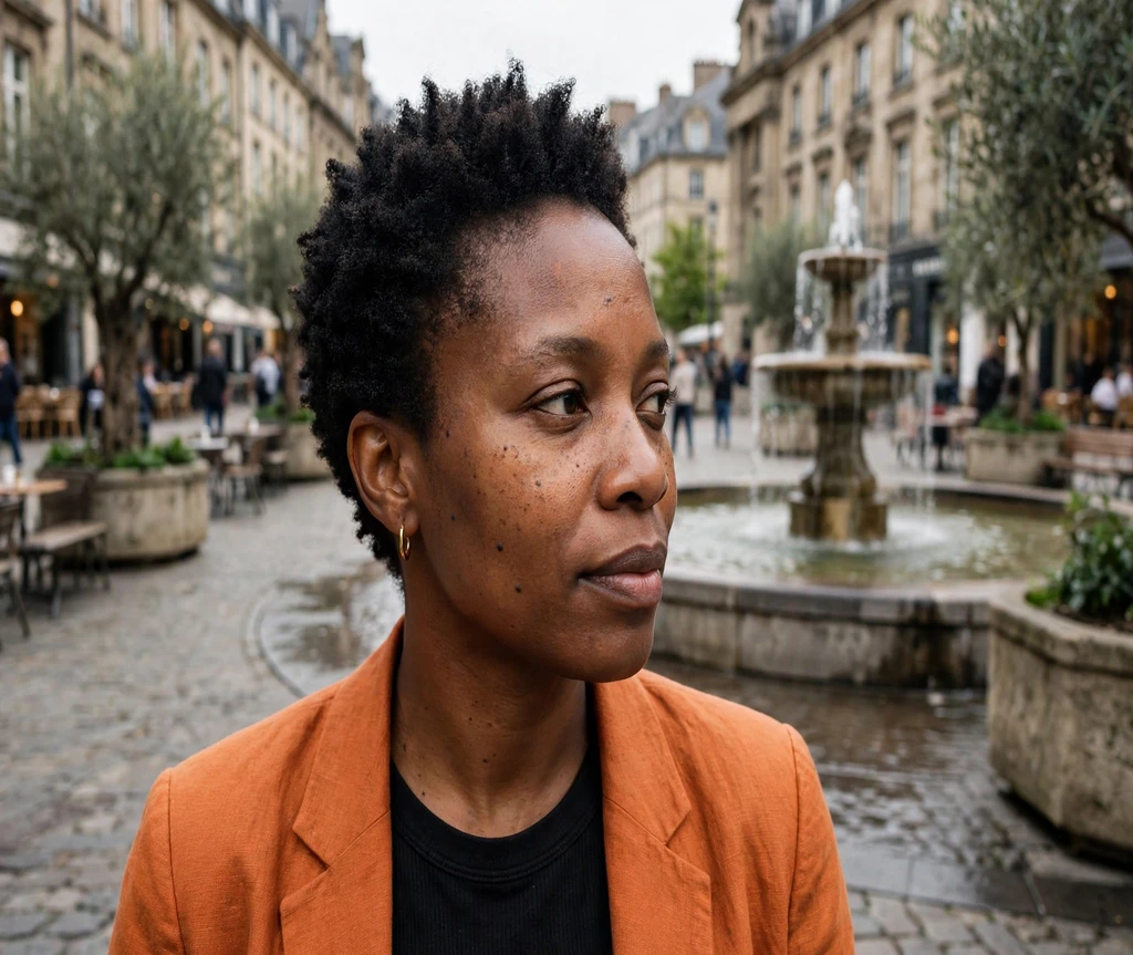 Black woman with a tapered teeny-weeny afro in a city plaza