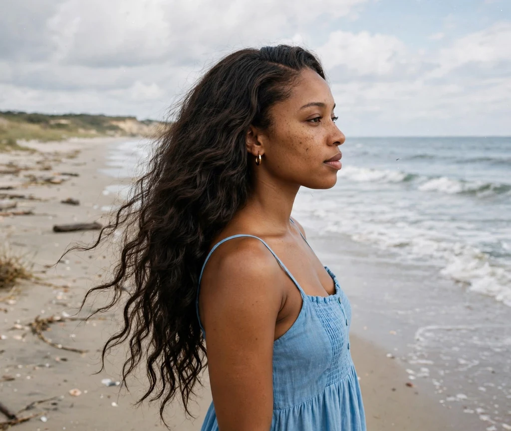 Black woman with long wavy hair in a deep side part on the ocean shoreline