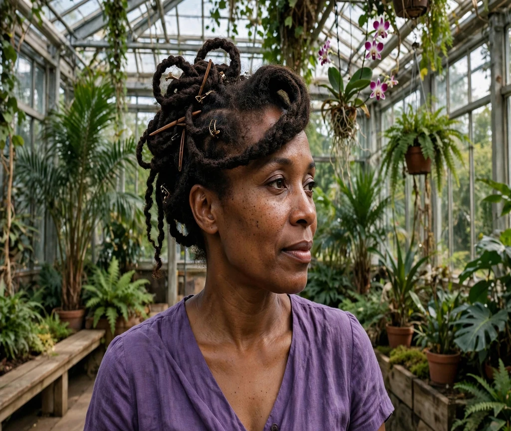 Black woman with Marley twists pinned up in a botanical conservatory