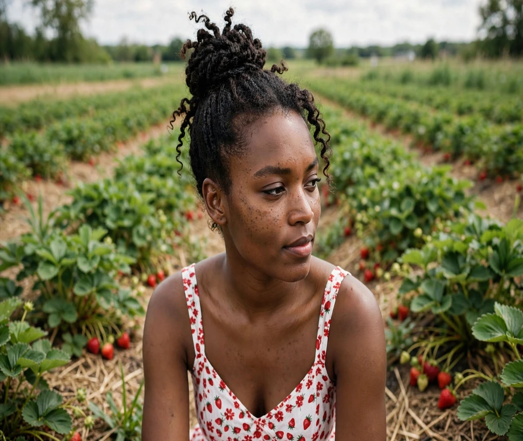 Black woman with tight coils in a high top bun in a strawberry field