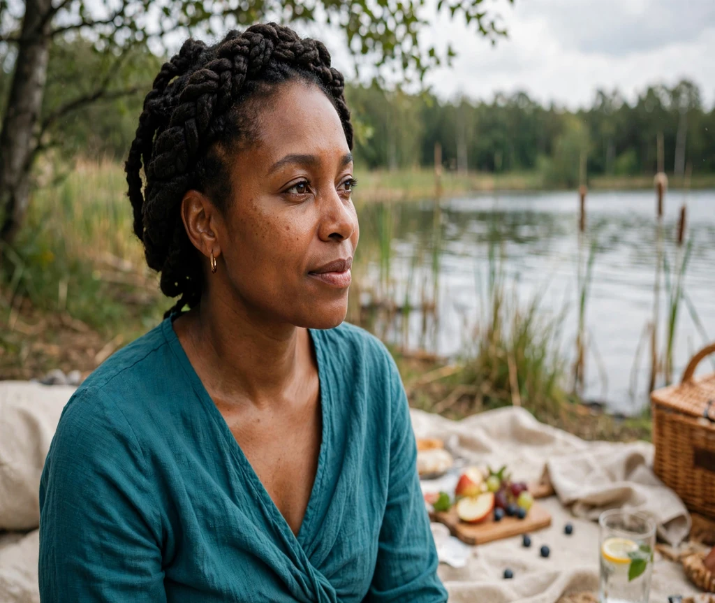 Black woman with chunky braids wrapped into a crown at a lakeside picnic