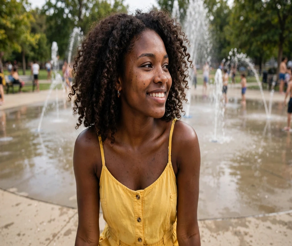 Black woman with defined wash-and-go curls at a splash pad park