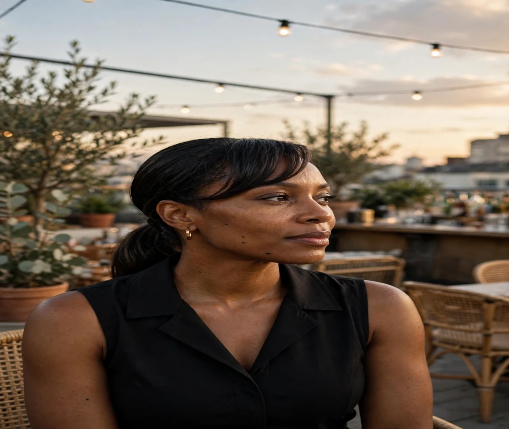 Black woman with a sleek swoop ponytail at a rooftop bar