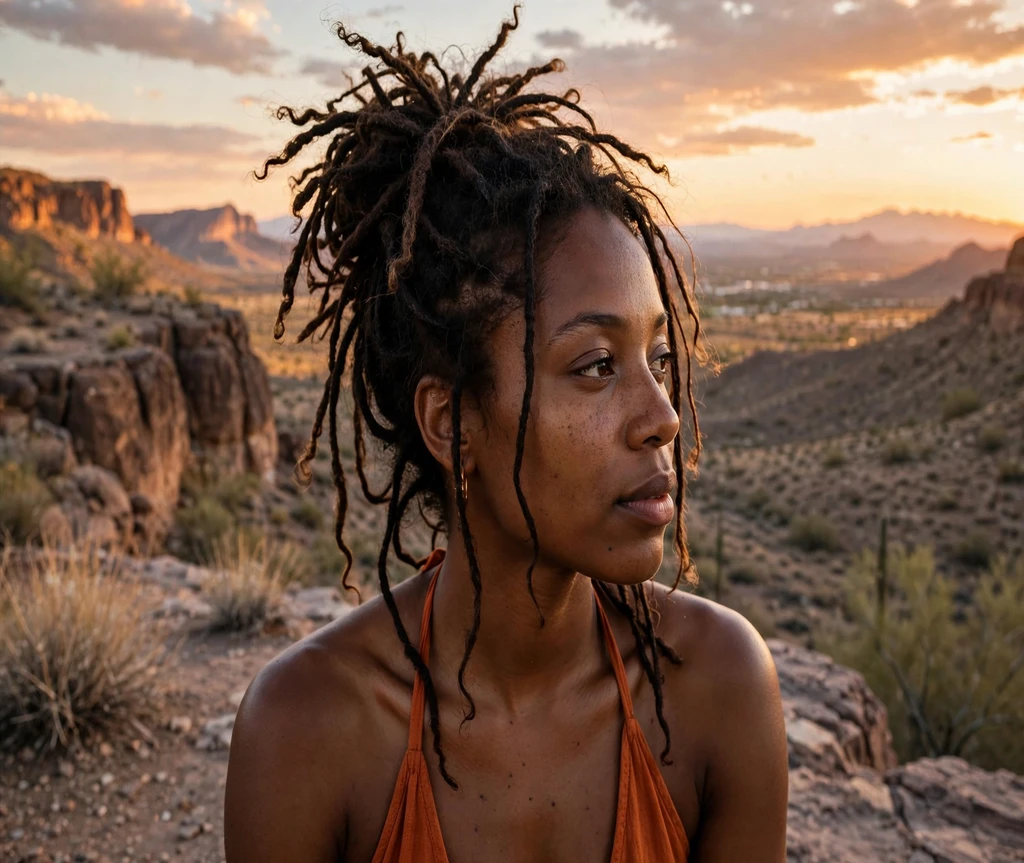 Black woman with butterfly locs in a messy updo at a desert sunset overlook