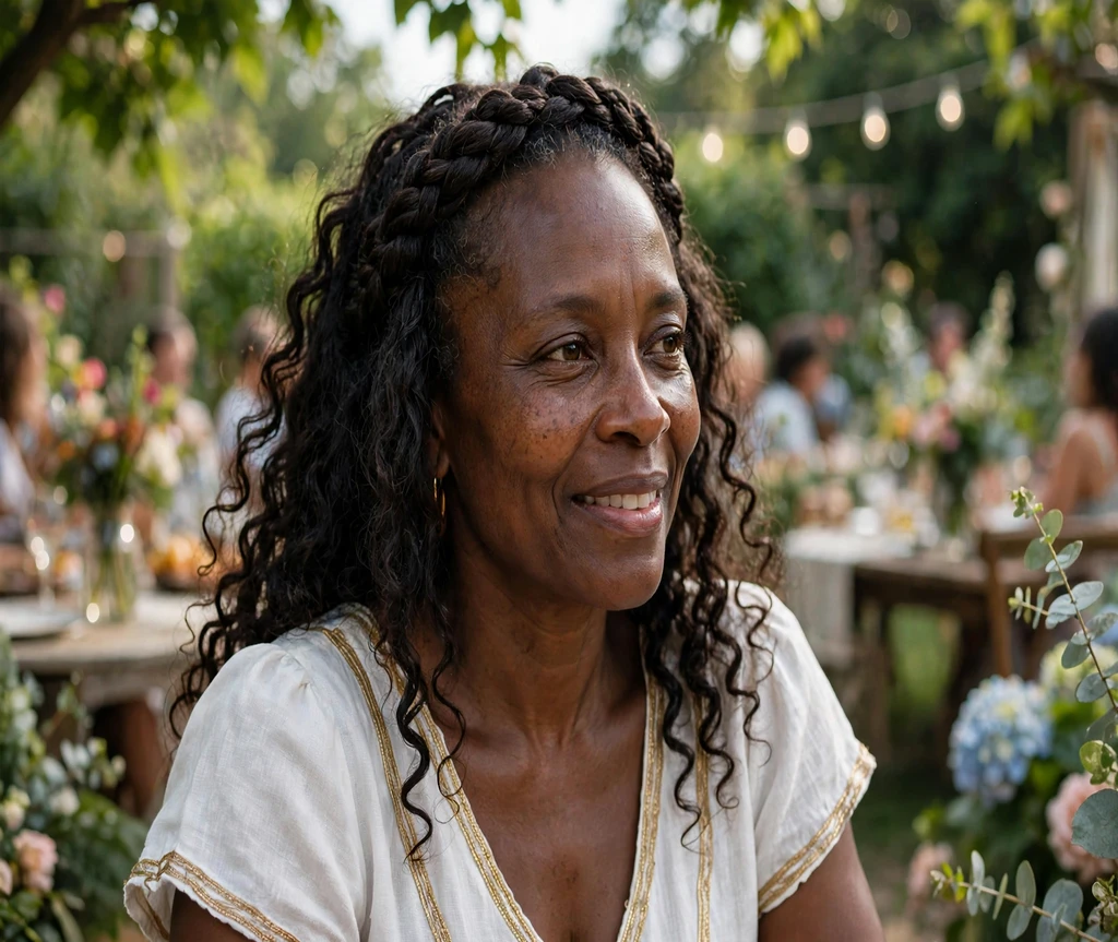 Black woman with a braided crown and loose curly ends at a summer garden party