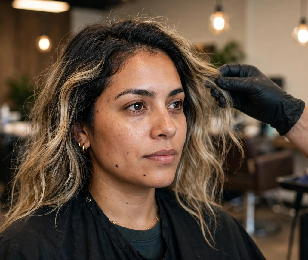 Latina woman in a salon chair with dark root regrowth showing through grown-out blonde highlights