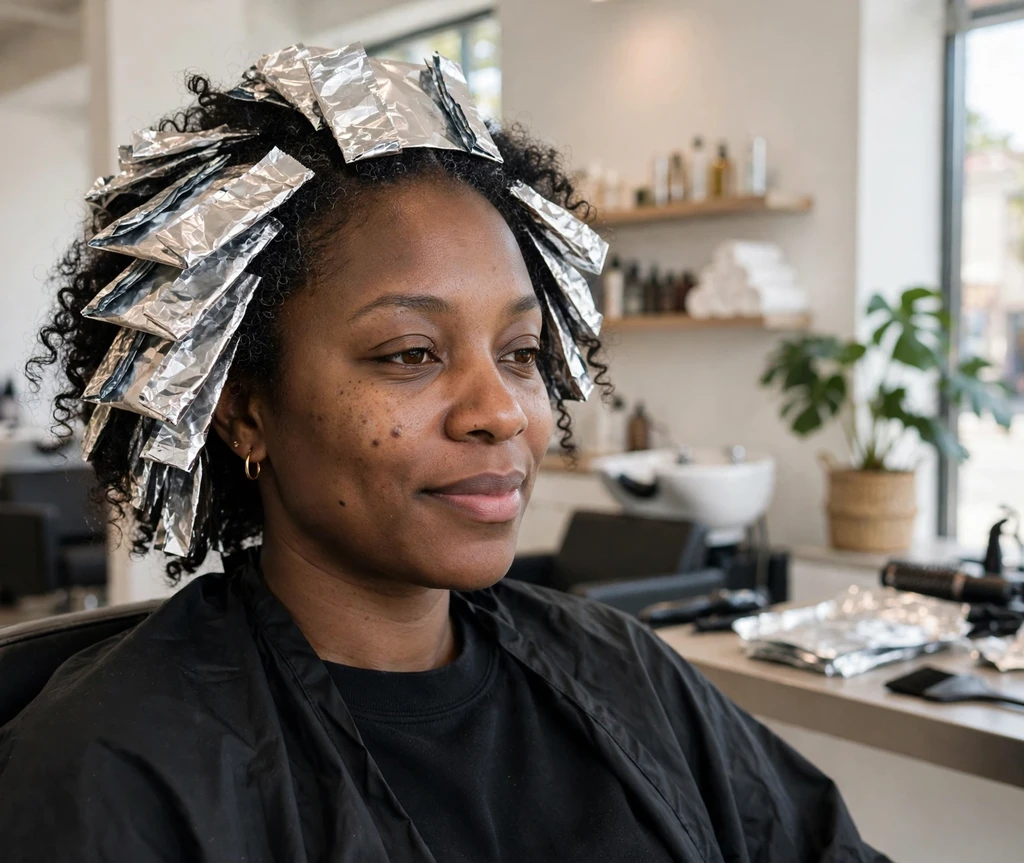 Black woman at a salon with her hair wrapped in foils during a color appointment