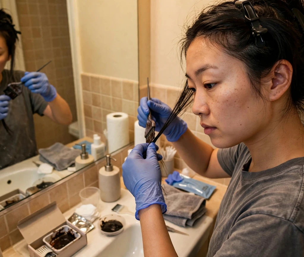 East Asian woman applying box hair dye at home wearing gloves in front of a bathroom mirror