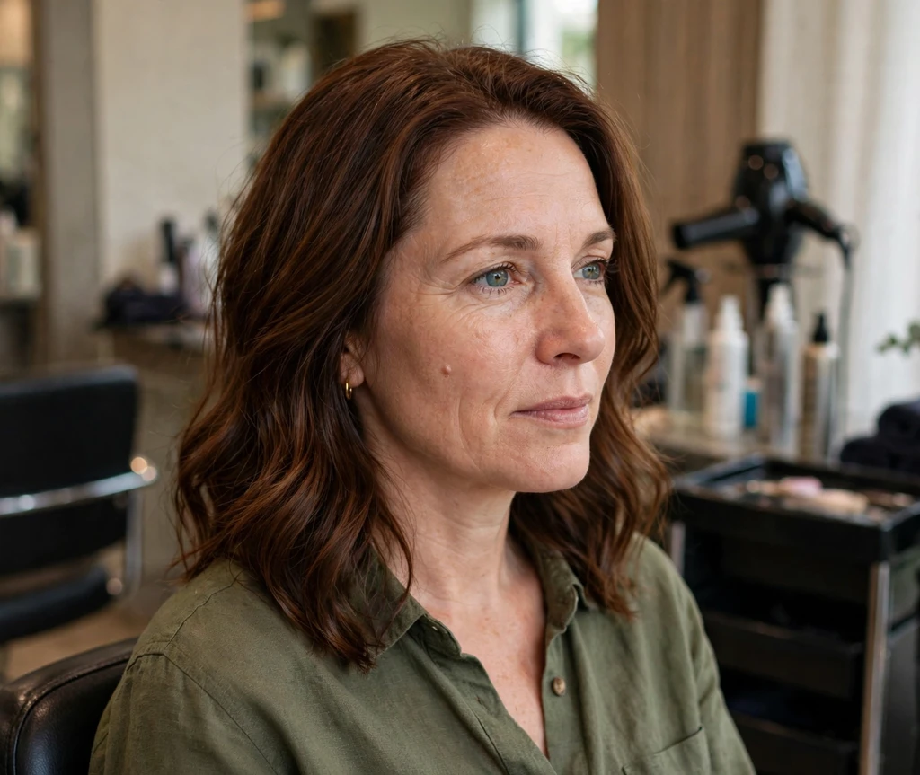 Woman in her early 40s with fresh glossy chestnut demi-permanent color sitting in a salon chair