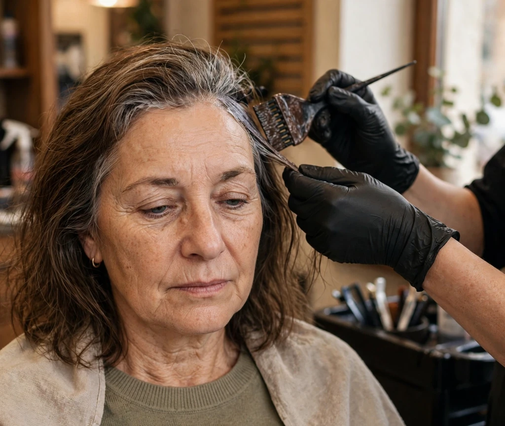 Woman in her early 50s having gray roots blended by a colorist at a warm salon