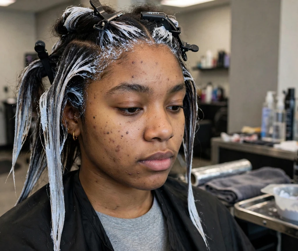 Young Black woman mid-bleaching session at a salon with lightener on sectioned hair