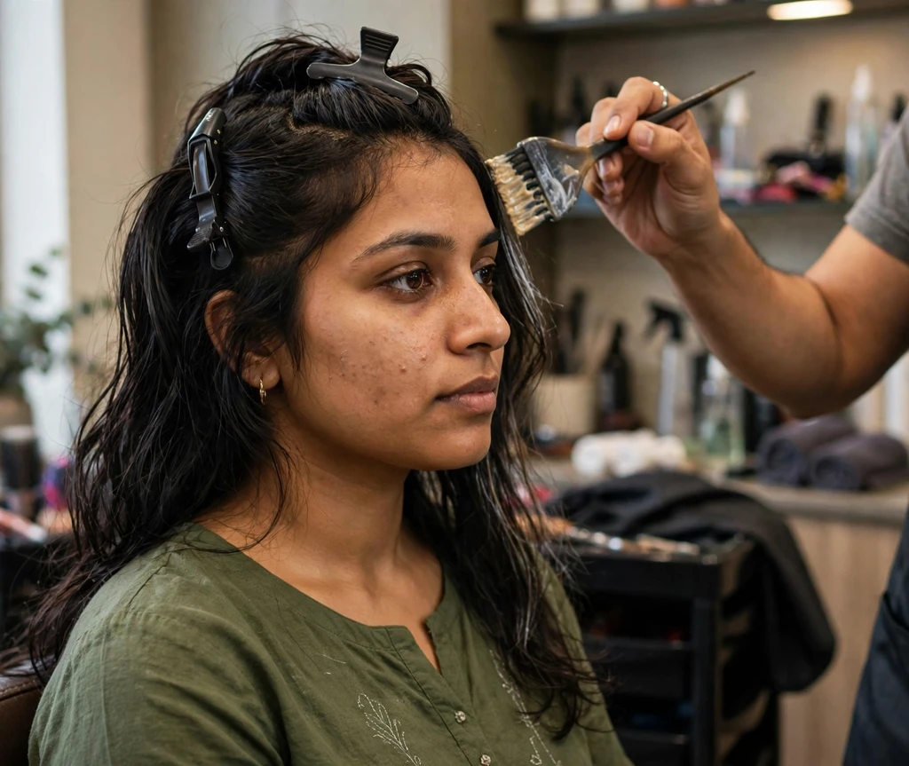 South Asian woman while a stylist hand-paints balayage onto her dark hair at a salon
