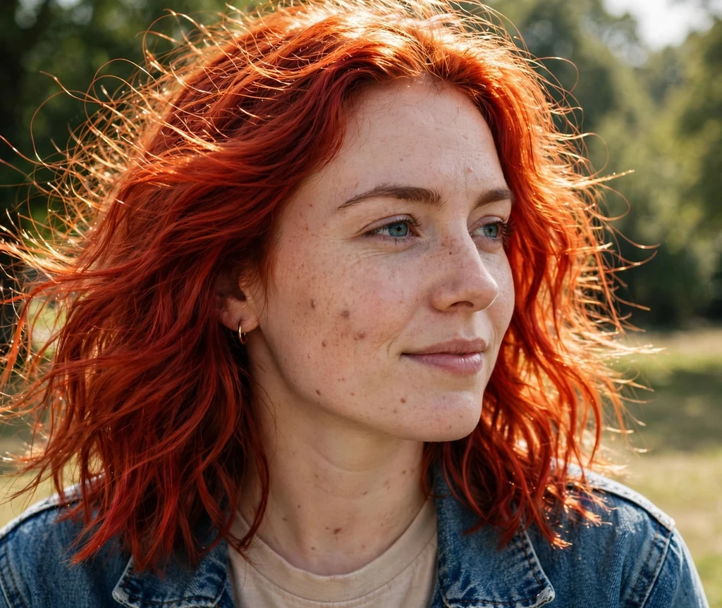 Irish woman with vibrant fresh red hair in outdoor natural daylight wearing a denim jacket