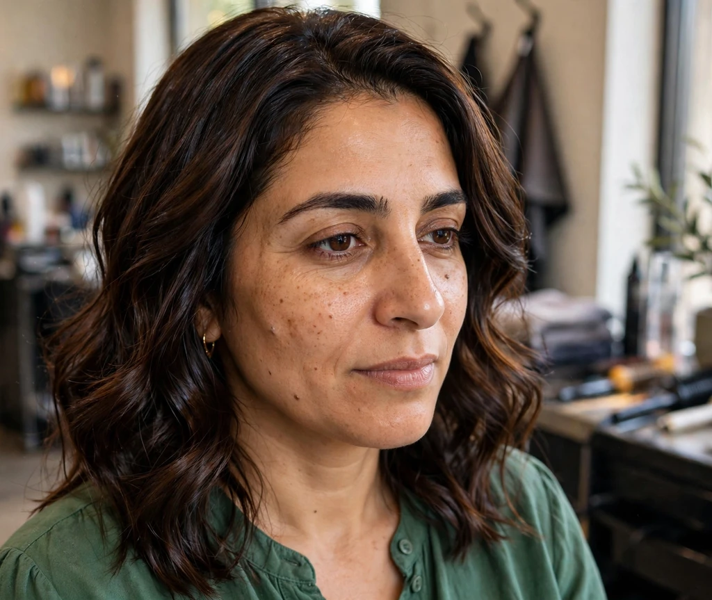 Middle Eastern woman with a fresh glossy espresso-brown dye result in a salon portrait