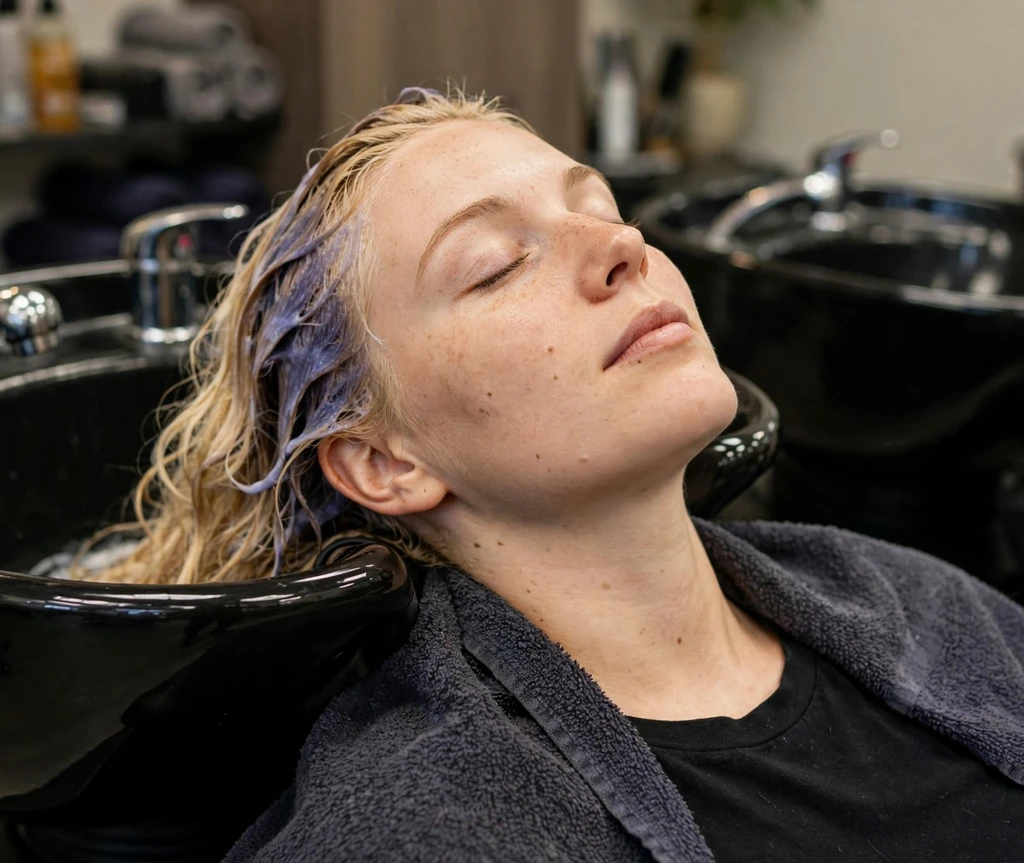 Blonde woman with toner processing at a salon backwash sink, relaxed with a towel around her shoulders