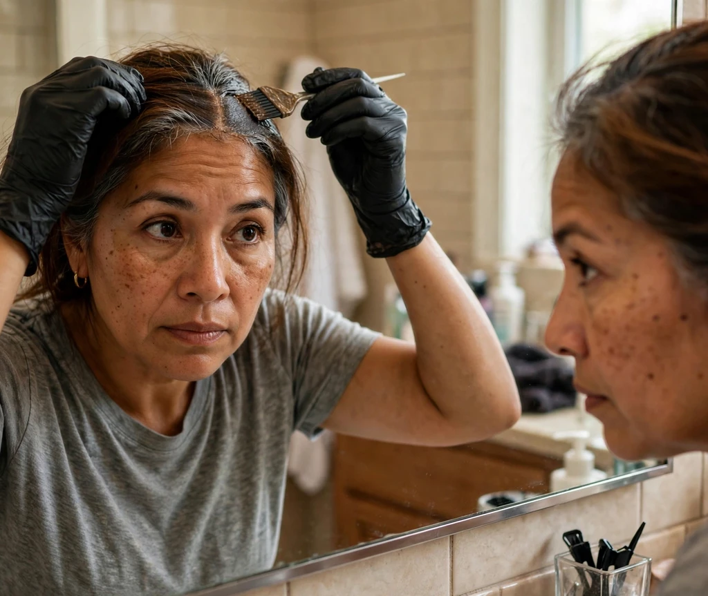 Latina woman applying a root touch-up kit at home in front of a bathroom mirror with gloves on