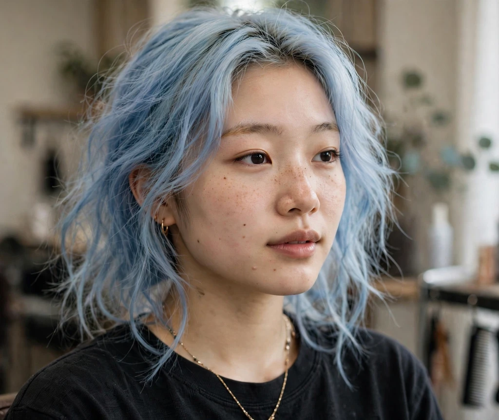 East Asian woman with a pastel-blue fantasy dye result in a salon portrait