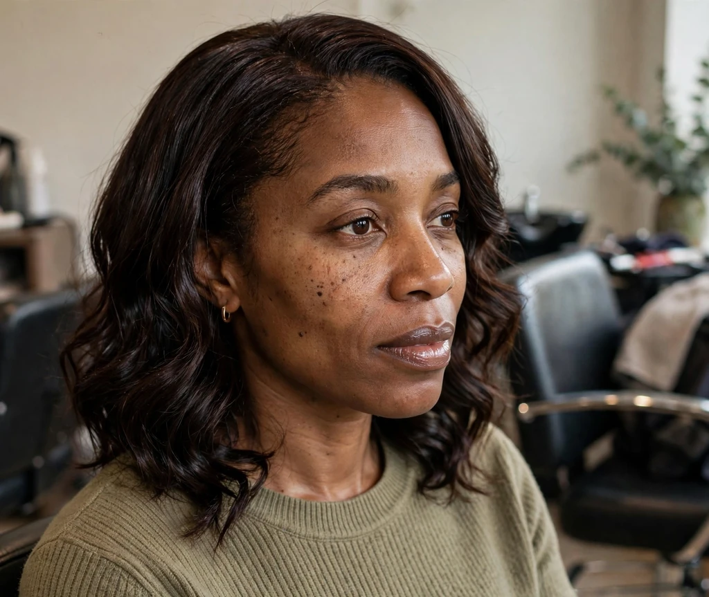Black woman with fresh dark-brown glossy color and natural makeup sitting in a salon chair