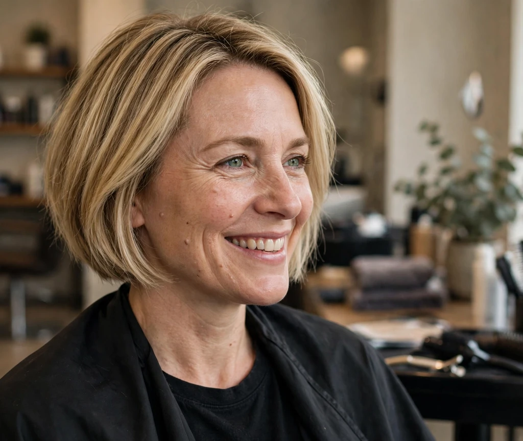 Woman in her mid 40s with a fresh highlighted blonde bob smiling in a salon chair