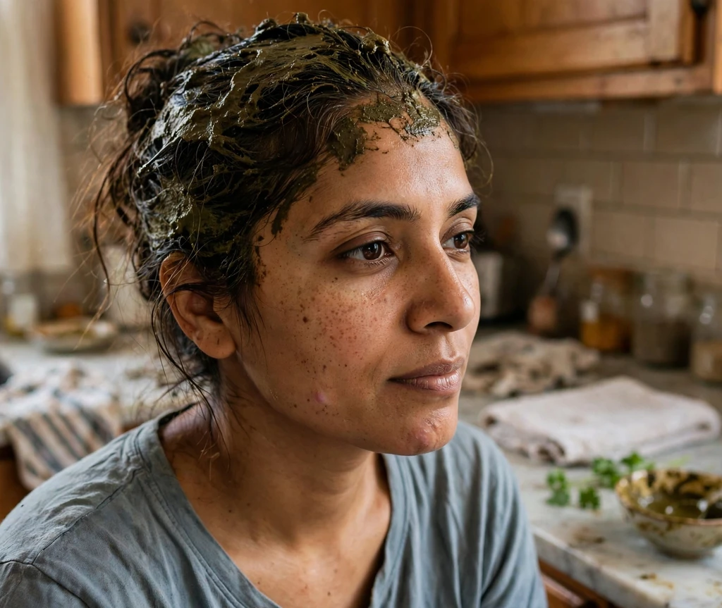 South Asian woman with henna paste applied to her hair at home wearing an old shirt in a kitchen