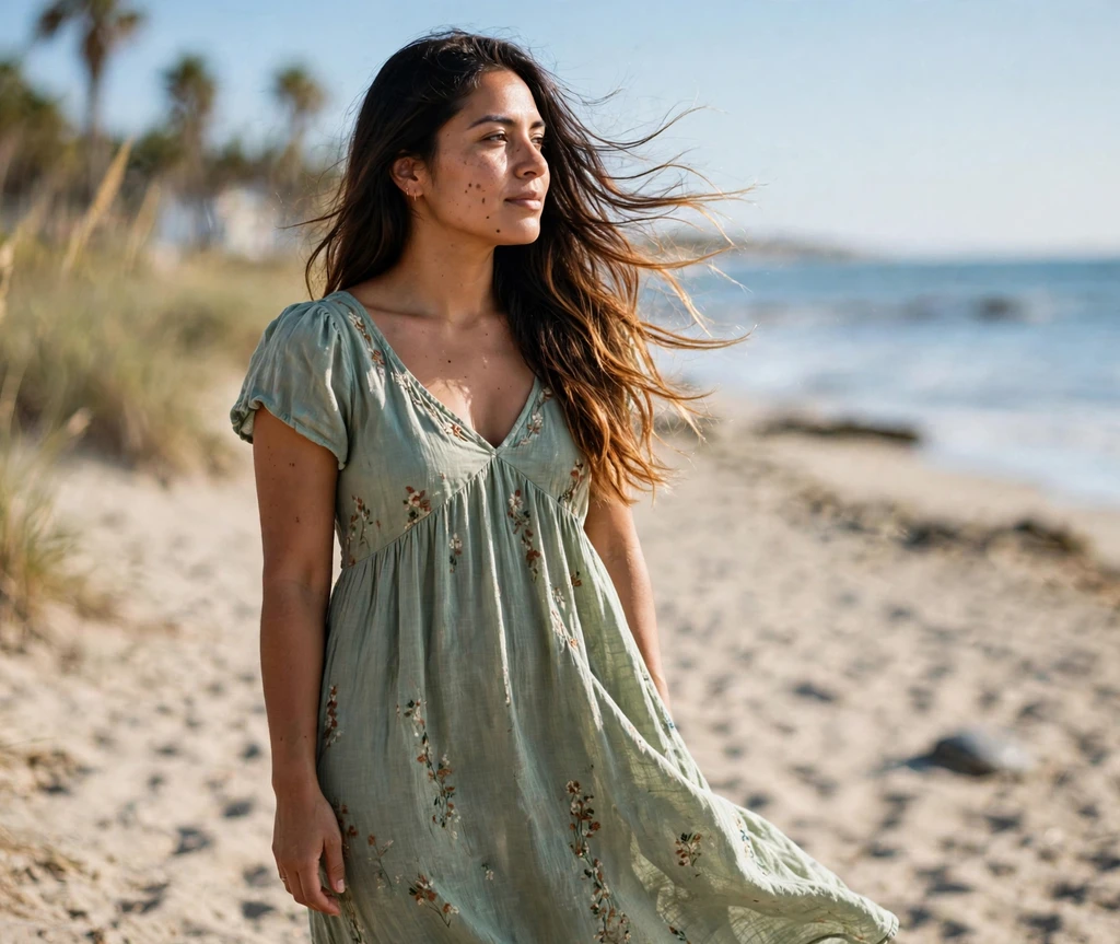 Latina woman with caramel ombré on long dark hair at the beach wearing a sundress