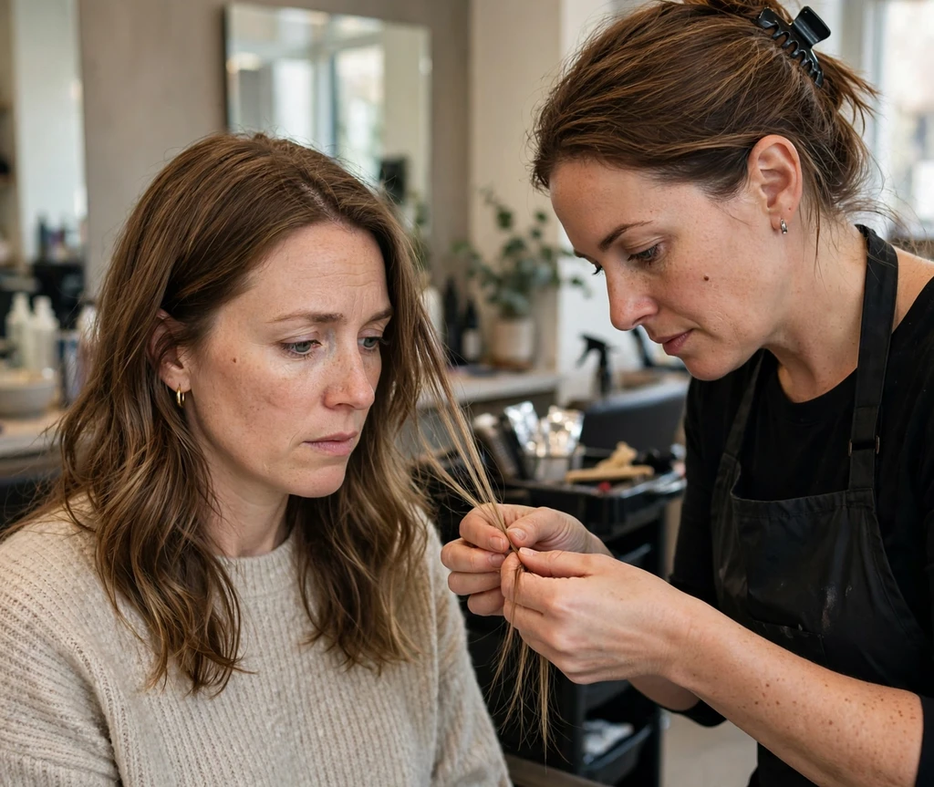 Woman in her mid 30s in a hair-color correction consultation with a colorist at a salon