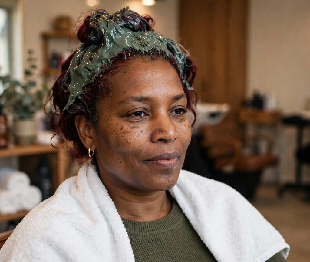 Black woman with a deep-conditioning mask on freshly dyed hair relaxing in a salon chair