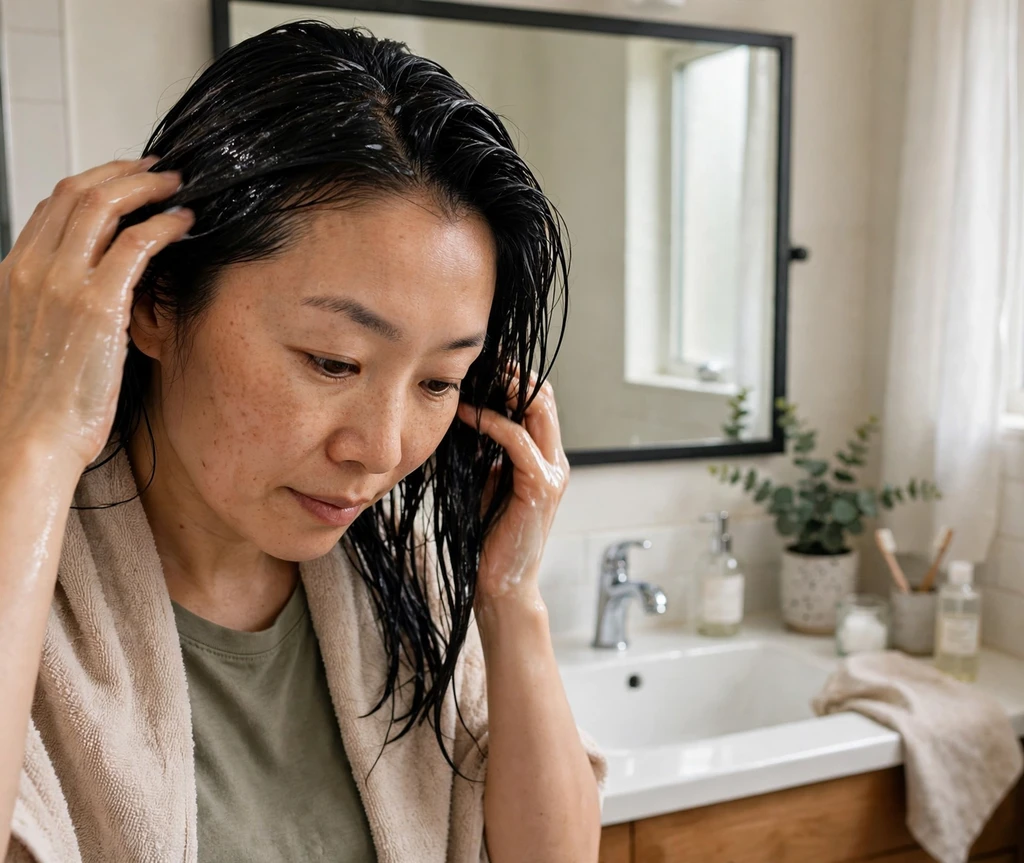 East Asian woman applying an at-home gloss treatment in a bathroom with a towel around her shoulders