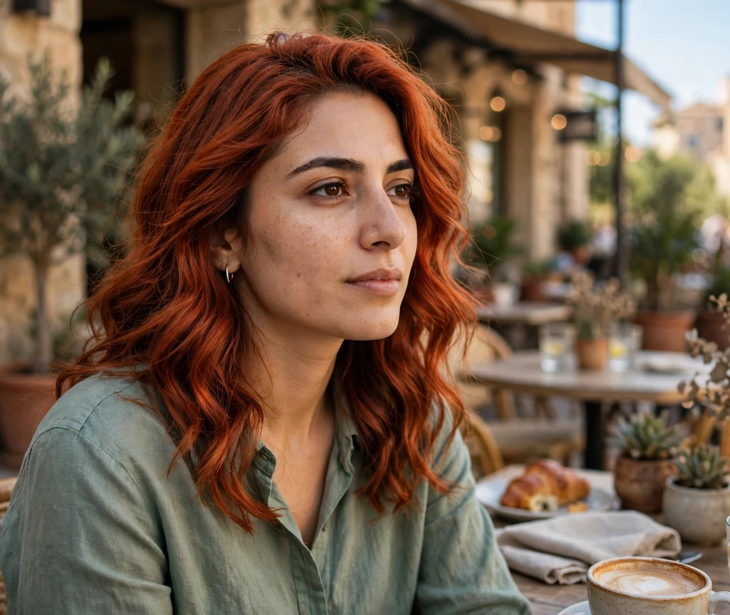 Middle Eastern woman with copper-red waves fresh from the salon on a café terrace