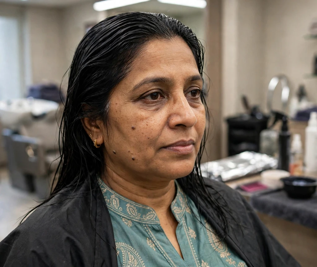 South Asian woman with a fresh jet-black dye result at a salon wearing an elegant kurta