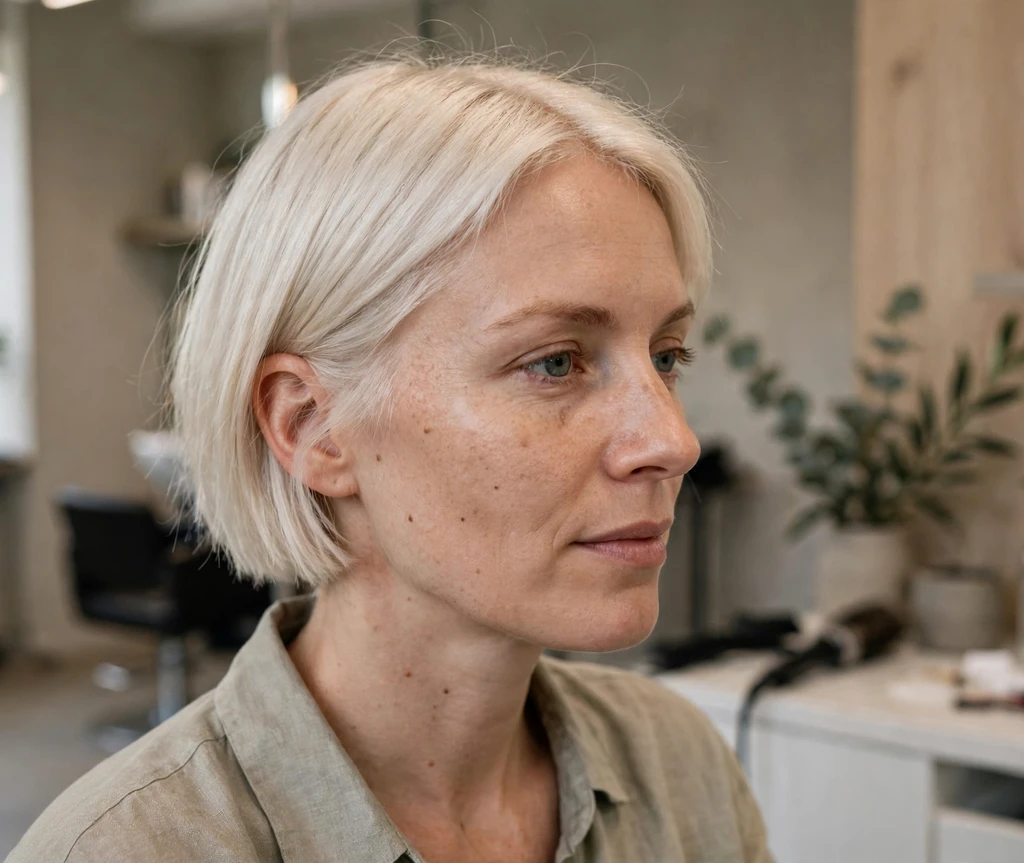 Woman in her early 30s with a fresh platinum-blonde bob in a minimalist salon portrait