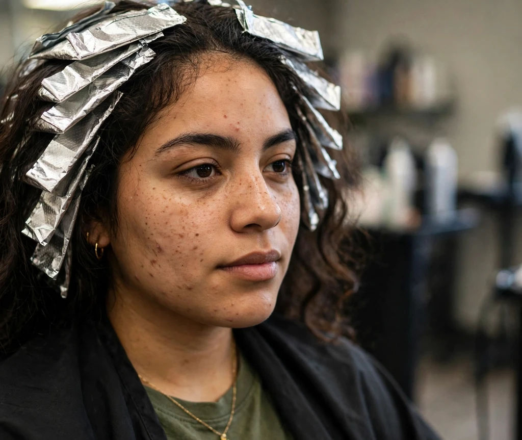 Close-up of foils in dark hair being processed at a salon