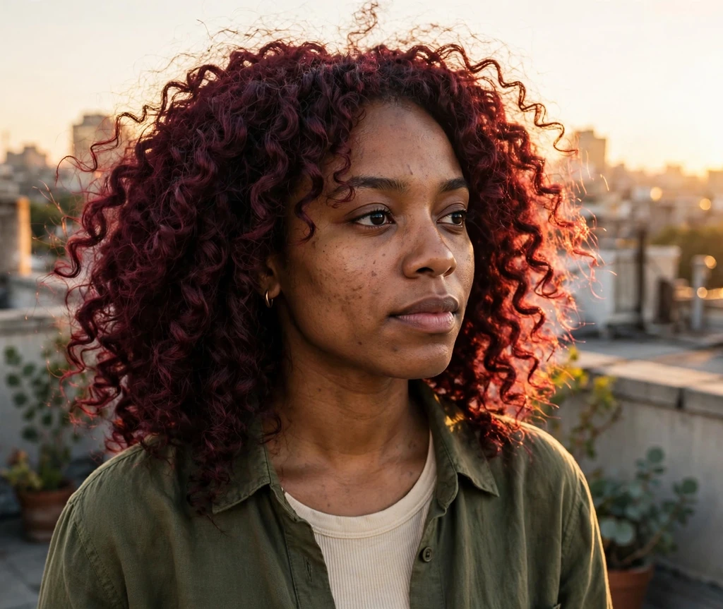 Black woman with rich burgundy curls in fresh color on a rooftop at golden hour