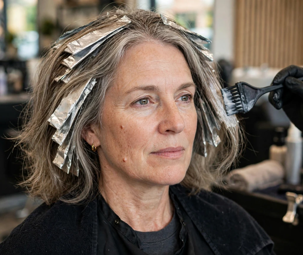 Woman in her late 40s getting gray-blending highlights applied at a salon