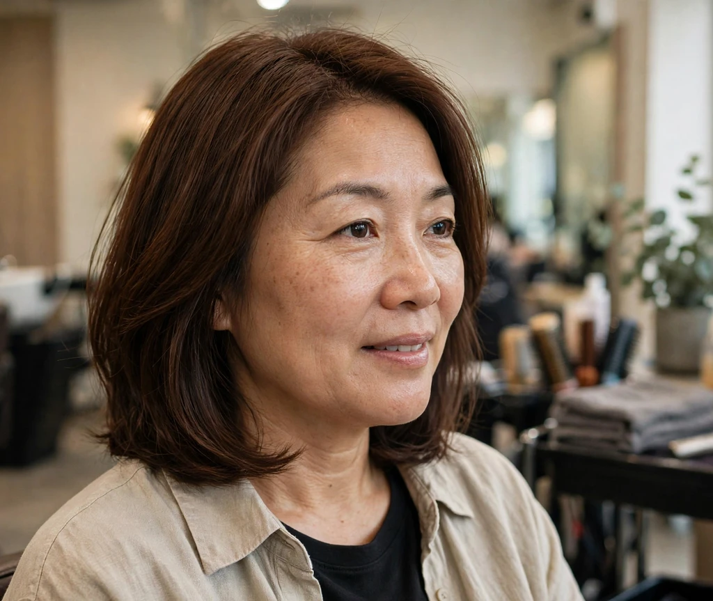 East Asian woman with warm chocolate-brown fresh color result at a salon